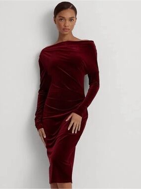 Lauren Ralph Lauren Black Label Velvet Off Shoulder Dress Women Sz 8 Red Holiday